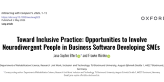 Screenshot der Titelseite eines wissenschaftlichen Artikels aus der Zeitschrift Interacting with Computers (Oxford). Titel: „Toward Inclusive Practice: Opportunities to Involve Neurodivergent People in Business Software Developing SMEs“. Autorinnen: Jana‑Sophie Effert und Frauke Mörike, TU Dortmund University. DOI und Veröffentlichungsdatum (2. Mai 2026) sind angegeben.